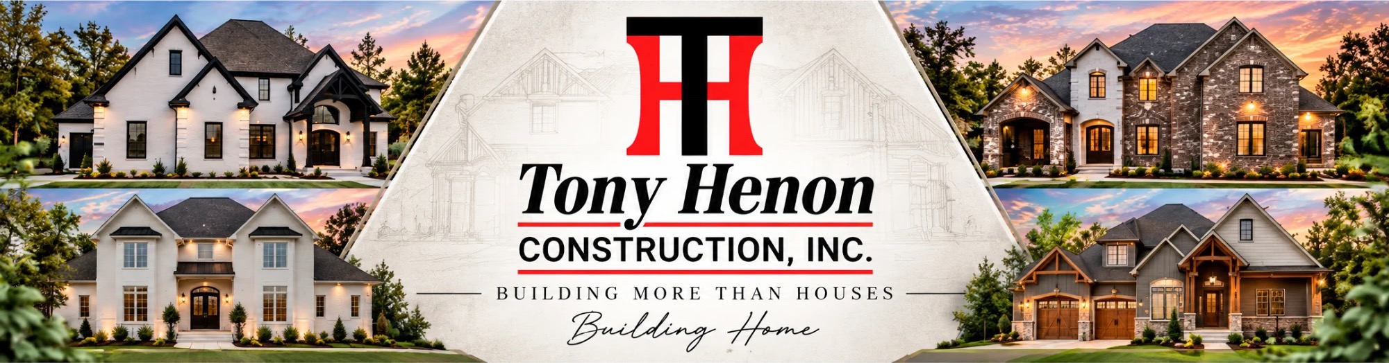 Tony Henon Construction, Inc. logo with the words Building More Than Houses, Building Home, between four Henon-built homes